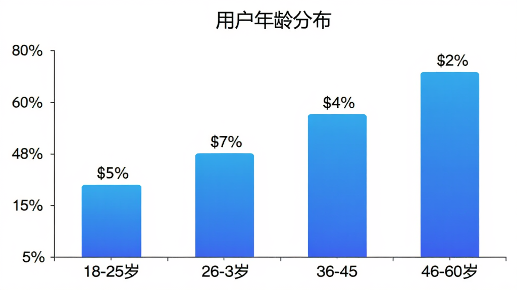 柱状图展示旅程司机极速版用户年龄分布,横轴为年龄段18-25岁、26-35岁、36-45岁、46-60岁,纵轴为用户占比百分比,柱子颜色为蓝色渐变,每个柱子上方标注具体百分比数字,背景白色,图表标题为“用户年龄分布”,画质干净清晰