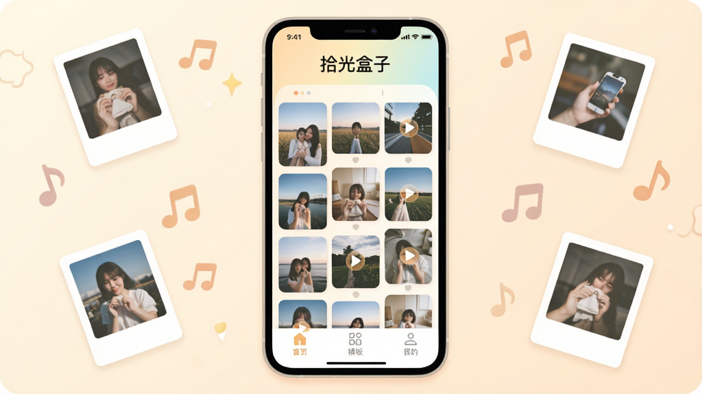 ʰ�����Ӧ��������ȫòչʾ���ֻ���Ļ���У�������ǳɫ����Ϊ��ɫ����������ʾ��ʰ����ӡ����ֱ�ʶ���м�����Ƭ��Ƶģ������ͼ�ٲ������֣��ײ�����ҳ��ģ�塢�ҵ���������ͼ�꣬��Χ��׺���������÷���С��Ƭ������ͼ�꣬������������ܰ����ƽ����ƣ�ϸ��Բ�󣬻��ʸɾ����޶���Ԫ��