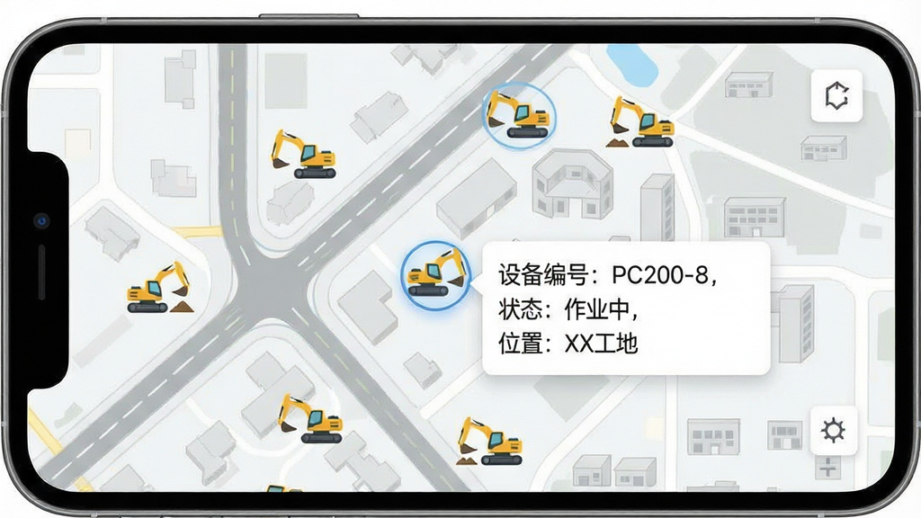 һ��չʾ���ҵ�С�ɡ�App�豸��λ���ܵ��ֻ������ͼ�������������ֻ���Ļ����Ļ����ʾһ�ŵ�ͼ����ͼ���ж���ھ��ͼ��ֲ��ڲ�ͬλ�ã�����һ��ͼ�걻���������Ϣ��Ƭ����Ƭ��д�š��豸��ţ�PC200-8��״̬����ҵ�У�λ�ã�XX���ء�����������������ִ���ƽ��ϸ�ڰ�����ͼ��·�ͽ������������ʸɾ����޶���Ԫ��