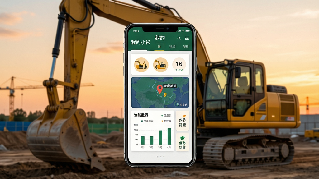 һ��չʾ���̻�е����App����ȫò�ĳ���ͼ������������һ�������ֻ�����Ļ����ʾ�š��ҵ�С�ɡ�App�������棬���������ھ��ͼ�ꡢ�豸��λ��ͼ���ͺ�����ͼ���ͱ������ѿ�Ƭ���ֻ�������һ̨��ɫ���ھ��ͣ�ڹ����ϣ�����ǰ�����ůɫ�������ּ�����ˣ����дʵ��ҵ�磬ϸ�ڰ����ֻ���Ļ�ϵ����������ɼ������ʸ��壬�ɾ����޶���Ԫ��