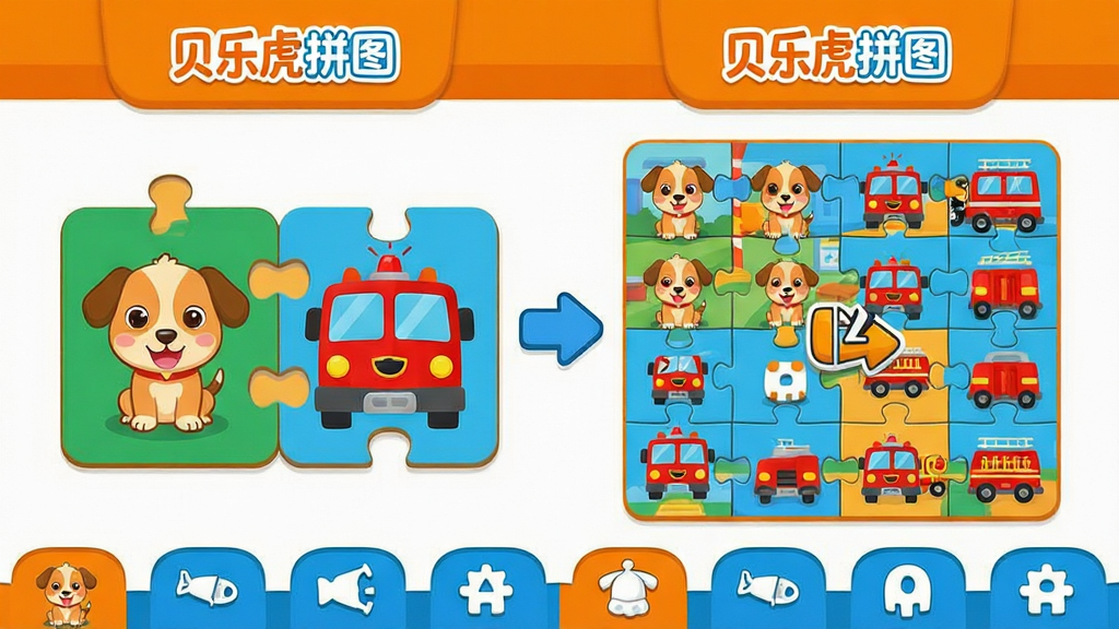贝乐虎拼图App内页截图风格展示,画面采用分屏布局,左侧显示2块拼图的简单模式,右侧显示12块拼图的进阶模式,中间用箭头连接表示难度递进,拼图内容分别是卡通小狗和卡通消防车,界面配色以明快的橙色和蓝色为主,顶部有贝乐虎拼图App的logo标识,底部有主题分类标签栏,整体风格扁平化设计,圆角图标,文字标签清晰,画质干净,无多余装饰元素。
