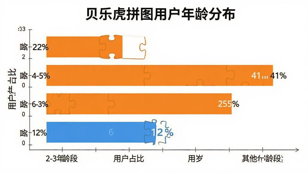 一张数据可视化图表,展示贝乐虎拼图用户年龄分布,采用横向柱状图形式,横轴为年龄段,纵轴为用户占比,数据分别为2-3岁占比22%、4-5岁占比41%、6岁占比25%、其他年龄段占比12%,图表配色以橙色和蓝色为主,风格简洁明快,文字标签清晰,画质干净,无多余装饰元素。