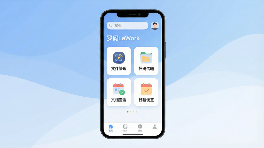 һ�ű�ƽ�������ֻ�Ӧ�ý���չʾͼ�����������ǡ�����LeWork��App�������棬���������������û�ͷ���м������������ļ�������ɨ�봫�䡢�ĵ��鿴���ճ̱�ǩ�ĸ����ܿ�Ƭ����Ƭͼ��Բ���࣬��������͵����׽��䣬�ײ��е����������岼������������ִ����񣬻��ʸɾ����޶���Ԫ�أ����֡�����LeWork�������ɼ���