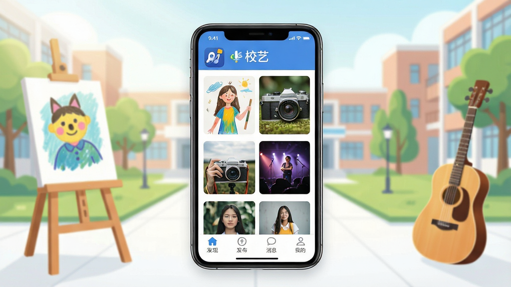һ��չʾУ��App����ȫò��ͼƬ�������������ֻ���Ļ����Ļ����ʾУ��App�������棬���涥����У�յ�Logo������У�գ��м�չʾ��ѧ�����ϴ��Ļ滭����Ӱ��������Ʒ����ͼ���ײ��з��֡���������Ϣ���ҵ��ĸ�������ť��������������У԰�������л��ܺ�������׺�������������ִ������ʸɾ��������޶���Ԫ��