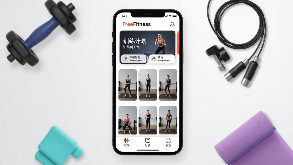 һ����ˬ�Ľ���App����չʾͼ�������������ֻ���Ļ����Ļ����ʾFreeFitness����App����ҳ��������ѵ���ƻ���Ƭ���м��Ǽ�����������������ͼ���ײ���������ѵ������¼���ҵ�����ͼ�꣬������ǳ��ɫ���䣬�ֻ���Χɢ�������塢�������٤��Ƚ���С������������ִ���ƽ�����ʸɾ����޶���Ԫ��