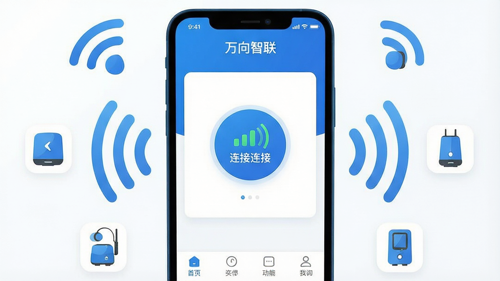 一张展示万向智联软件核心全貌的详细图片,画面中央是手机屏幕,屏幕内显示万向智联App的主界面,界面设计简洁,以蓝色和白色为主色调,顶部有软件名称“万向智联”,中间是醒目的连接按钮和信号强度图标,底部是功能导航栏,手机周围环绕着WiFi信号波纹图标和智能设备小图标,风格现代扁平,细节圆润,画质干净清晰,无多余元素。