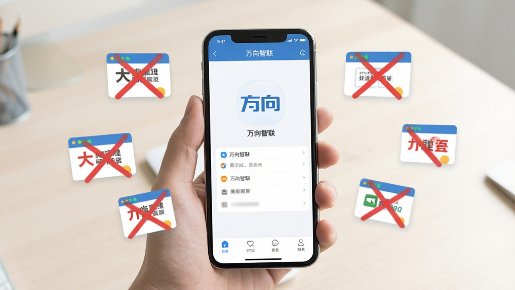 一张展示万向智联App纯净无广告特点的图片,画面是一只手拿着手机,手机屏幕显示万向智联App的简洁界面,屏幕周围漂浮着被划掉的广告弹窗图标,象征无广告干扰,背景是干净的浅色桌面,风格清新明亮,画质干净,无多余元素。