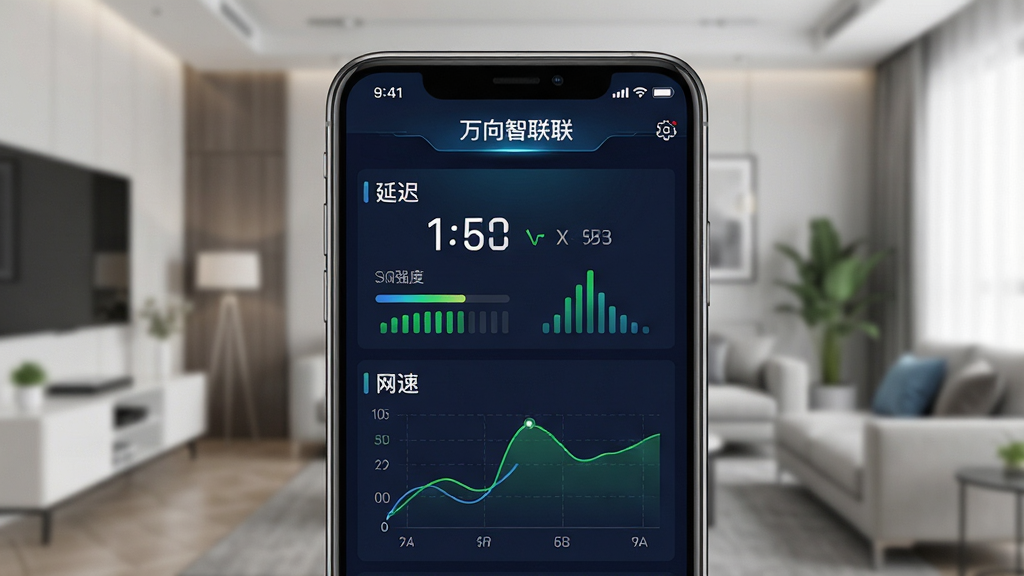 一张展示万向智联App网络状态监测功能的图片,画面主体是手机屏幕特写,屏幕内显示万向智联App的仪表盘界面,有清晰的延迟数值、信号强度条和网速曲线图,界面风格科技感十足但布局简洁,背景是模糊的现代家居环境,画质干净,无多余元素。