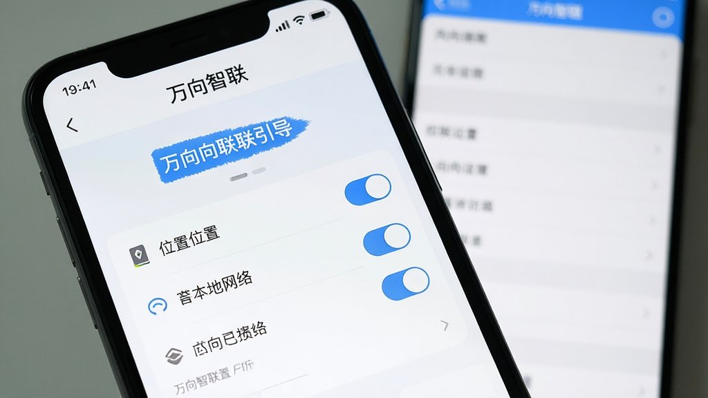 一张展示万向智联App新手设置引导界面的图片,画面是手机屏幕特写,屏幕内显示万向智联App的权限设置页面,有位置、本地网络等权限开关,界面设计简洁明了,有蓝色高亮提示文字,背景是虚化的手机设置菜单,风格现代,画质干净,无多余元素。