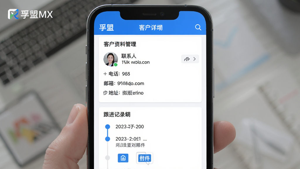一张展示孚盟MX客户资料管理界面的图片,画面主体是手机屏幕,屏幕中显示客户详情页面,包含公司名称、联系人头像、电话、邮箱、地址等字段,下方有跟进记录时间线和附件图标,界面以白色卡片和蓝色高亮按钮为主,布局清晰,风格现代扁平,画质干净,无多余元素,图片中可出现“孚盟MX”文字
