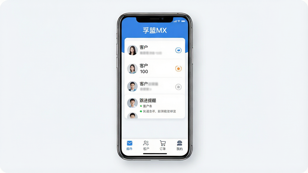一张展示孚盟MX手机应用主界面的图片,画面中央是一部现代智能手机,手机屏幕显示孚盟MX客户管理App的主页,页面顶部有“孚盟MX”文字标识,中间是客户列表和跟进提醒卡片,底部有邮件、客户、订单、我的四个导航图标,整体布局清晰,以蓝色和白色为主色调,风格现代简洁,细节圆润,画质干净清晰,无多余元素