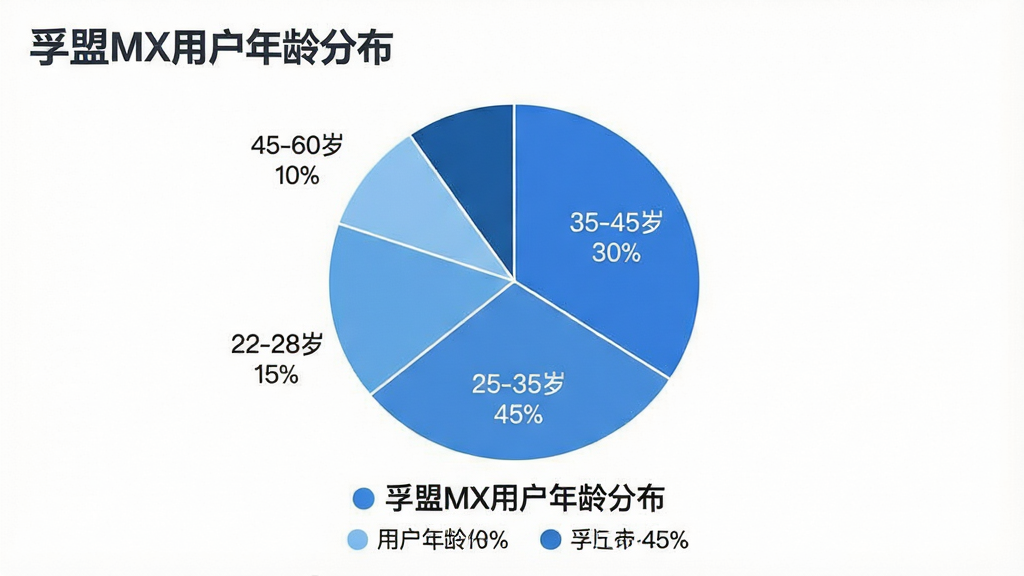 一张展示用户年龄分布的饼状图图片,画面主体是一个圆形饼图,分为四个扇形区域,分别标注“25-35岁 45%”“35-45岁 30%”“22-28岁 15%”“45-60岁 10%”,配色以蓝色系为主,图表下方有图例说明,整体风格简洁现代,画质干净,无多余元素,图片中可出现“孚盟MX用户年龄分布”文字