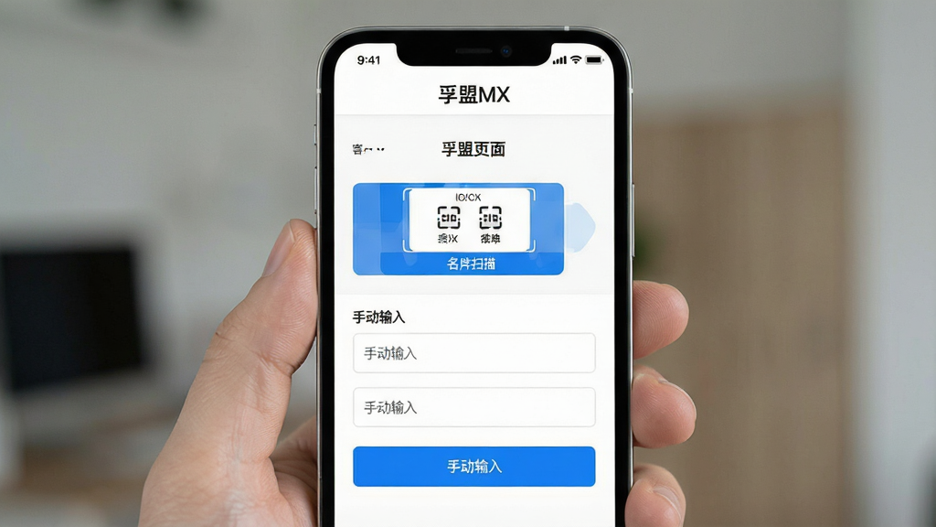 一张展示孚盟MX手机端操作界面的图片,画面主体是手机屏幕,屏幕中显示客户添加页面,有名片扫描按钮和手动输入表单,顶部有“孚盟MX”文字,界面以白色背景和蓝色按钮为主,布局清晰,风格现代简洁,画质干净,无多余元素