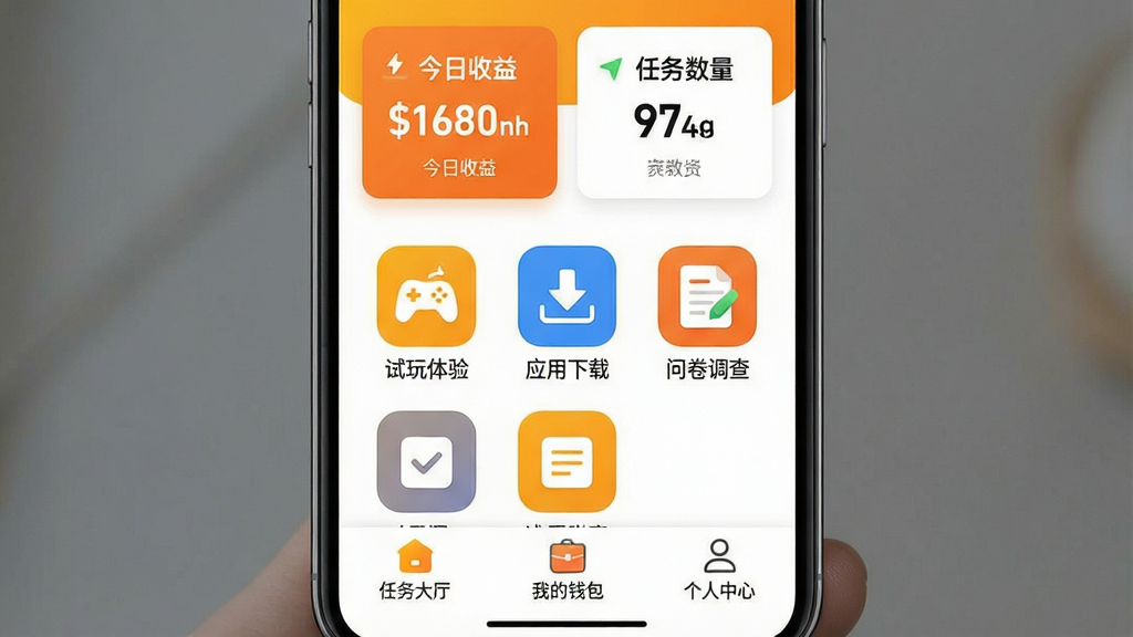手机屏幕中央展示“闪电结兼职”应用主界面,上方是醒目的今日收益金额和任务数量卡片,中间排列着各种任务分类图标如“试玩体验”“应用下载”“问卷调查”等,底部是任务大厅、我的钱包和个人中心三个导航按钮,整体采用橙黄与白色搭配的明亮配色,风格简洁现代扁平化,图标圆润清晰,画质干净无多余元素