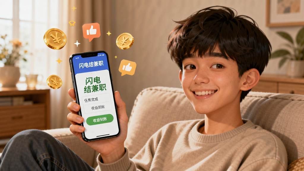 画面中一位年轻人坐在沙发上拿着手机微笑,手机屏幕上显示“闪电结兼职”的任务完成页面和收益到账通知,旁边漂浮着金币和点赞图标,背景是温馨的家居环境,整体色调温暖明亮,风格写实插画,人物表情轻松愉快,画质细腻干净,无多余杂乱元素