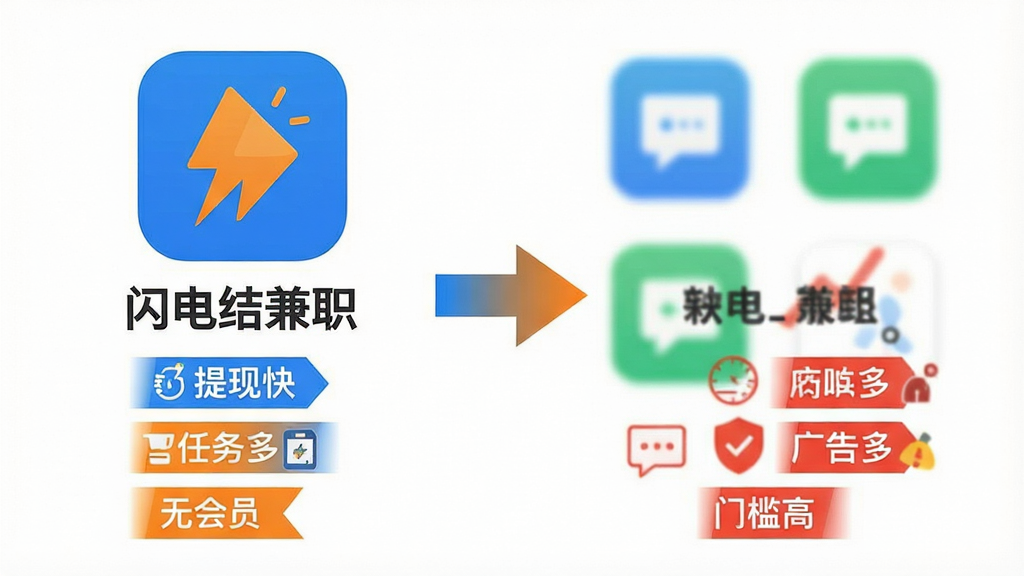 一张对比信息图,左侧是“闪电结兼职”应用图标和几个优点标签如“提现快”“任务多”“无会员”,右侧是其他兼职软件的模糊图标和缺点标签如“广告多”“门槛高”,中间用箭头连接,整体设计简洁明了,采用蓝橙对比色,扁平化信息图风格,文字清晰,画质干净无多余元素