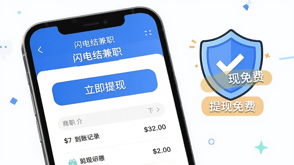 手机屏幕显示“闪电结兼职”的提现页面,上面有醒目的“立即提现”按钮和到账记录列表,旁边有卡通风格的安全盾牌图标和“提现免费”标签,整体配色以蓝色和白色为主,界面干净整洁,扁平化设计风格,画质清晰无多余元素