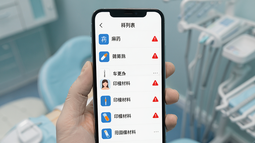 牙医帮库存管理功能展示,手机屏幕显示耗材列表,包含麻药、车针、印模材料等条目,部分条目旁边有红色预警标识,界面以白色为底,图标为蓝色和橙色,整体布局清晰,画质干净无多余元素