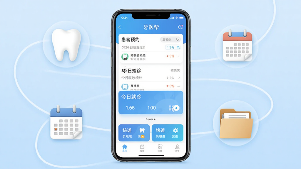 牙医帮软件主界面展示,画面中央是一部智能手机,屏幕上显示牙医帮APP的首页,包含患者预约列表、今日就诊统计和快捷功能入口,手机周围环绕着牙齿图标、日历图标和病历夹图标,背景是干净的浅蓝色渐变,整体风格简洁专业,画质清晰,无多余元素