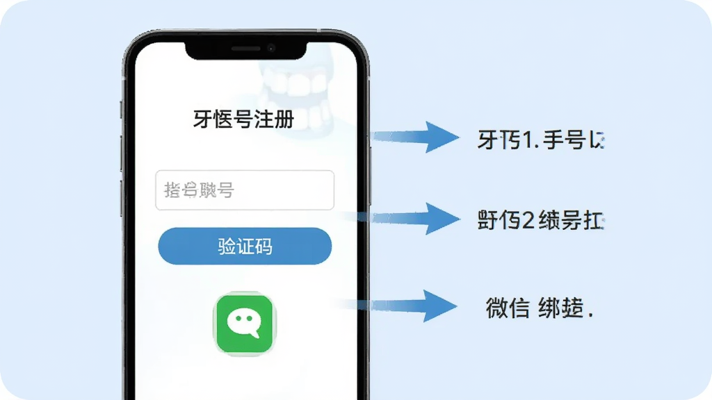 牙医帮新手操作指引界面,手机屏幕显示账号注册页面,包含手机号输入框、验证码按钮和微信绑定图标,旁边有箭头标注步骤顺序,背景为淡蓝色,风格简洁明了,画质清晰