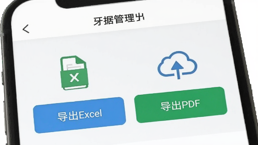 牙医帮数据导出功能界面,手机屏幕显示数据管理页面,包含“导出Excel”和“导出PDF”两个按钮,旁边有文件图标和云朵图标,界面风格简洁,以白色和浅灰色为主,画质干净无多余元素