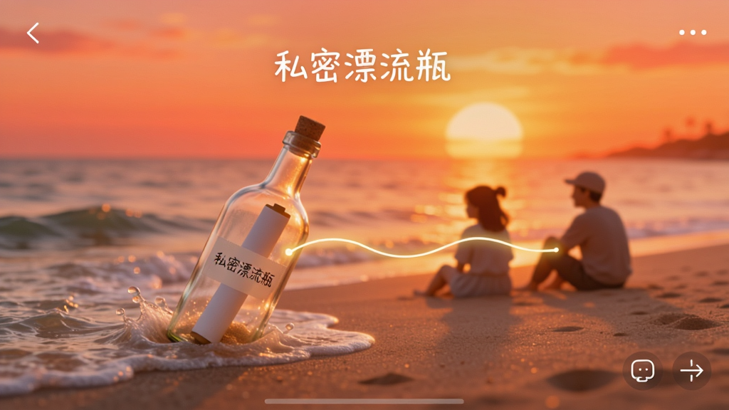 һ���ֻ�Ӧ�ý����ͼ������չʾһ��Ư��ƿ�������������͵�ɳ̲�ϣ�ɳ̲����������ģ������Ӱ������֮����һ����������ߣ���������ů�����䣬����ɫ���Ⱥ콥�䣬�����ܰ�����������д��С�˽��Ư��ƿ�����֣����ʸɾ��޶���Ԫ��