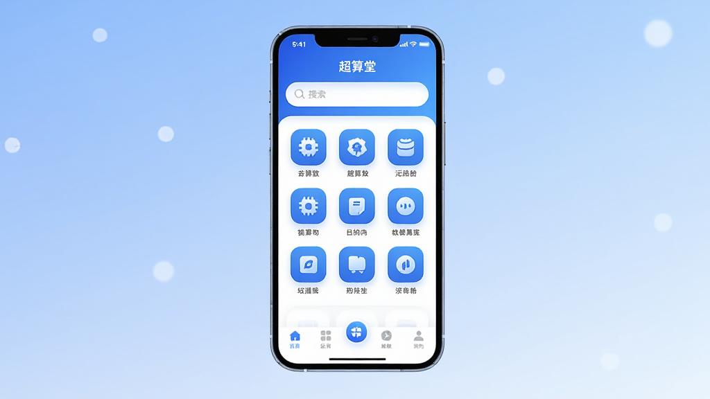 画面中央是一个悬浮的智能手机界面,屏幕内展示“超算堂”应用主页面,布局为顶部搜索栏,中部九宫格功能图标,底部导航栏。排版采用居中对称构图,风格为现代扁平化科技风,细节上图标圆润、配色以蓝白渐变为主。画质清晰,干净,无多余元素。