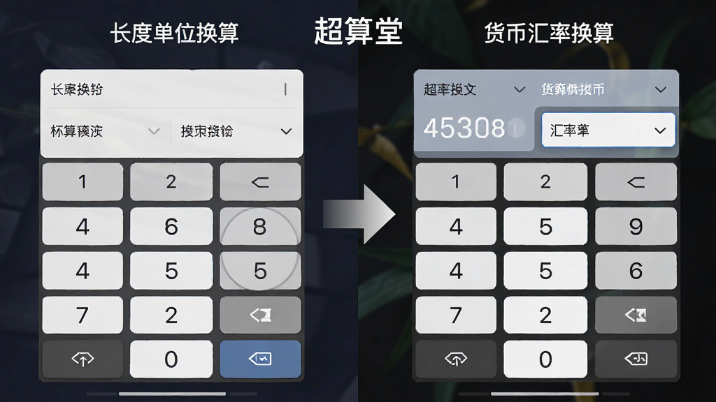 一张分屏对比图,左侧是长度单位换算界面,右侧是货币汇率换算界面,中间用箭头连接。布局为左右对称,风格为简约商务风,细节上界面有数字键盘和下拉菜单。画质清晰,无多余元素,图片中带有文字“超算堂”。
