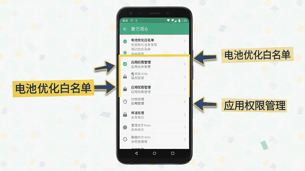 一张手机操作示意图,展示安卓系统的设置界面,高亮标注“电池优化白名单”和“应用权限管理”两个选项。布局为手机屏幕居中,周围有箭头指向标注文字。风格为扁平化教程风,细节上图标清晰,文字可读。画质干净,无多余元素。