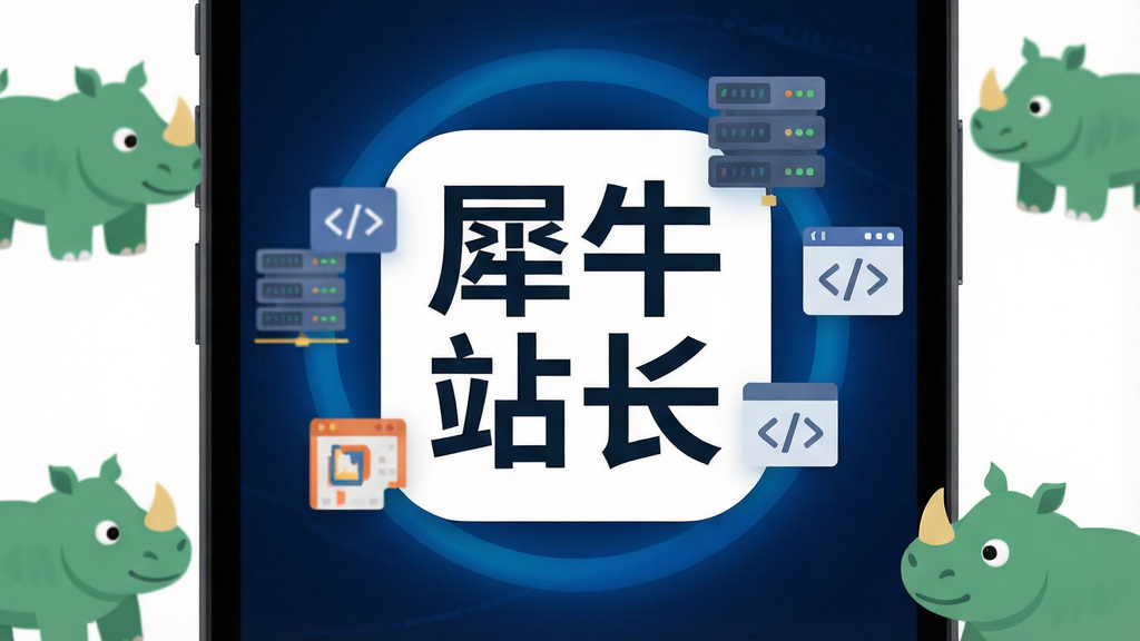一张手机屏幕特写,屏幕中央显示“犀牛站长”四个大字的软件图标,图标旁边漂浮着服务器、域名、代码符号的小图标,背景是深蓝色科技感光晕,手机周围散落着几颗绿色的小犀牛卡通形象,风格简洁扁平化,画质清晰,干净,无多余元素
