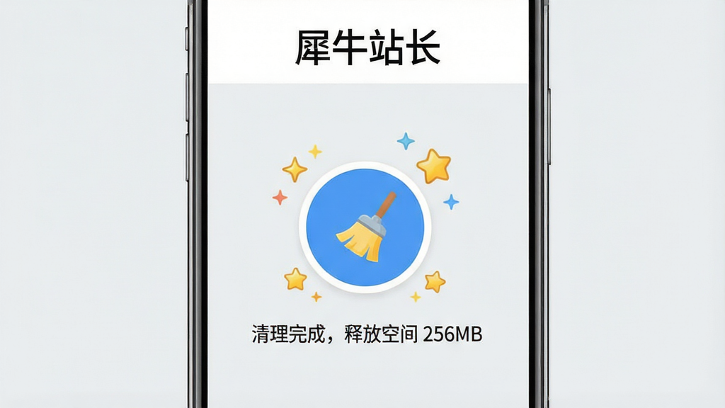 一张手机屏幕截图,屏幕上方显示“犀牛站长”标题,下方是一个圆形的清理按钮,按钮周围有扫把和星星的图标,按钮下方显示“清理完成,释放空间 256MB”的文字提示,背景是浅灰色,风格清爽,画质干净,无多余元素