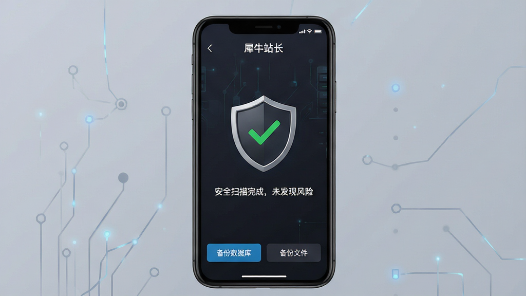 一张手机界面图,标题为“犀牛站长”,屏幕中间显示一个盾牌图标,盾牌上有绿色的对勾,盾牌下方有“安全扫描完成,未发现风险”的文字,屏幕底部有“备份数据库”和“备份文件”两个按钮,背景是深色模式,风格科技感,画质干净,无多余元素