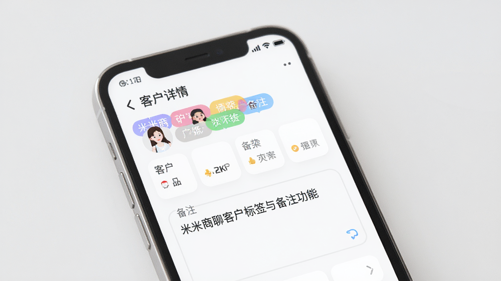 һ��չʾ�������Ŀͻ���ǩ�뱸ע���ܵ�ͼƬ���������ֻ���Ļ��ʾһ���ͻ�����ҳ�棬ҳ�����в�ɫ��ǩ�ͱ�ע�ı��򣬱�����ǳ��ɫ������Ԫ��Բ�󣬷���Լ���񣬻��������ɾ����޶���Ԫ��