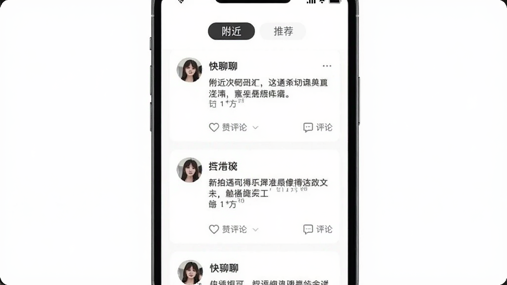 �������Ķ�̬�㳡���棬�ֻ���Ļ��ʾ�û�������ͼ�Ķ�̬��Ƭ�б���ÿ�ſ�Ƭ��ͷ���ǳơ��������ݺ͵������۰�ť�������С��������͡��Ƽ�����ǩ�л���������ɫ�������ˬ�����ʸɾ��޶���Ԫ��