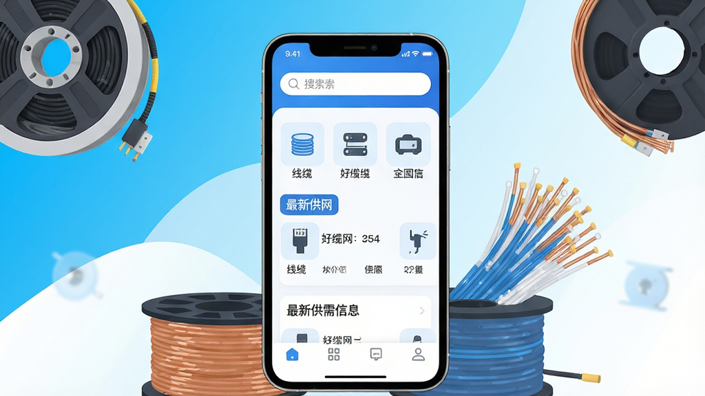 一幅展示好缆网App核心功能的场景图。画面中央是一部智能手机,屏幕显示好缆网App主界面,顶部有搜索框,中间是线缆产品分类图标和最新供需信息卡片,底部是导航栏。手机周围环绕着线缆盘、铜丝、光纤等线缆行业元素,背景是明亮的蓝白渐变色调。整体风格为现代扁平化科技风,细节清晰圆润,画质干净无多余元素。