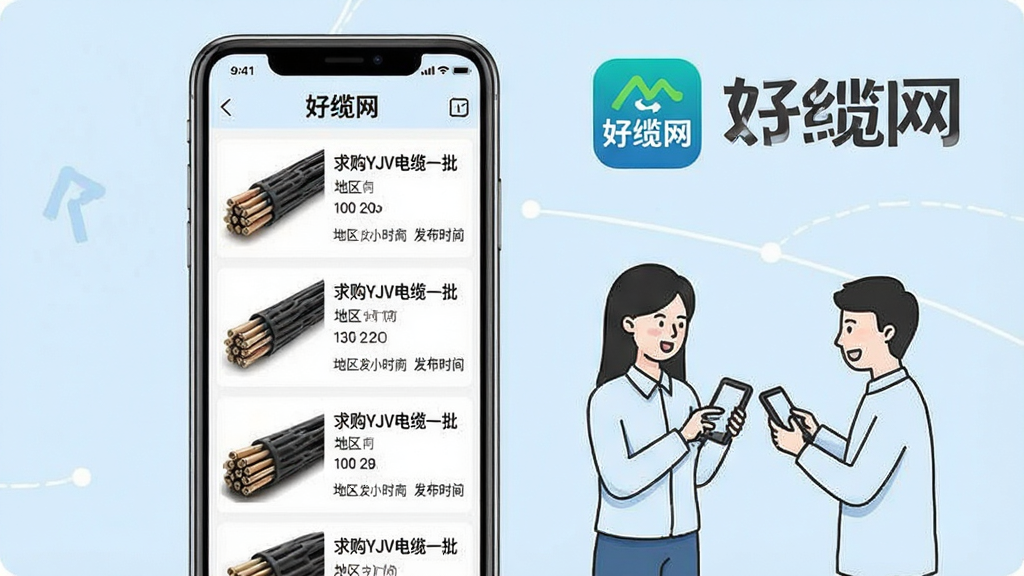 好缆网供需大厅界面展示图。画面主体为手机屏幕,屏幕内显示好缆网App的供需信息列表,每条信息包含产品图片、标题如“求购YJV电缆一批”、地区和发布时间。手机旁边有两个人正在用手机交流线缆业务的简笔插画。背景为浅蓝色,风格简洁商务,画质清晰,突出“好缆网”App图标和文字标识,无多余装饰元素。