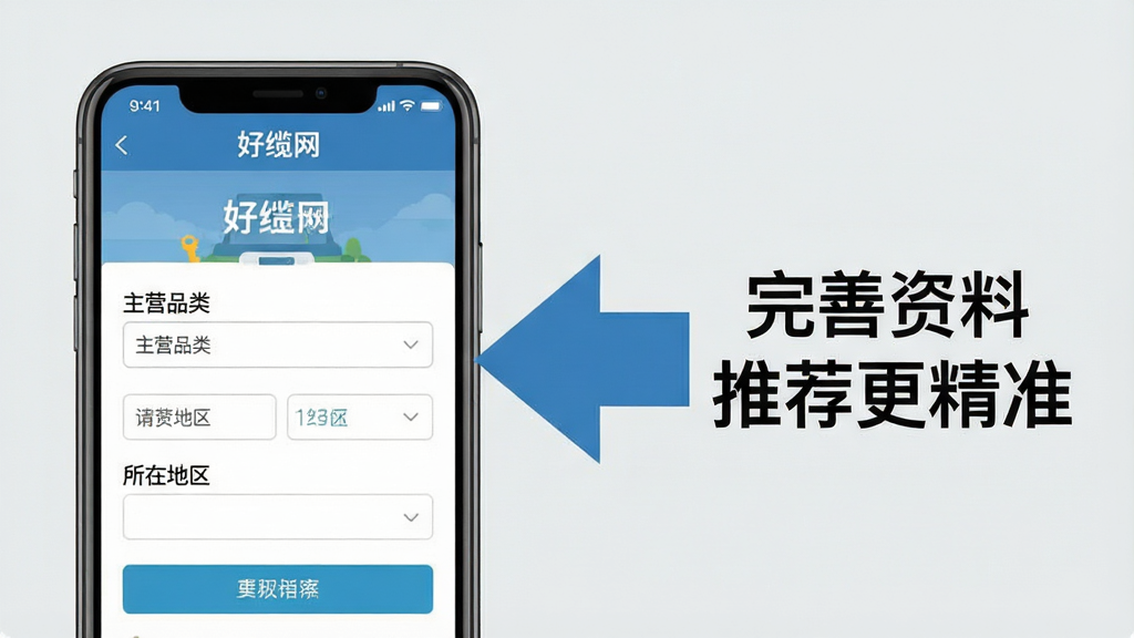 好缆网App使用教程示意图。画面左侧是一部手机,屏幕上显示好缆网App的注册页面,有“主营品类”和“所在地区”的填写框。画面右侧是一个放大的箭头指向手机屏幕,箭头旁有文字“完善资料 推荐更精准”。背景为浅灰色,风格为扁平化教学图示,画质干净,文字清晰,无多余元素。