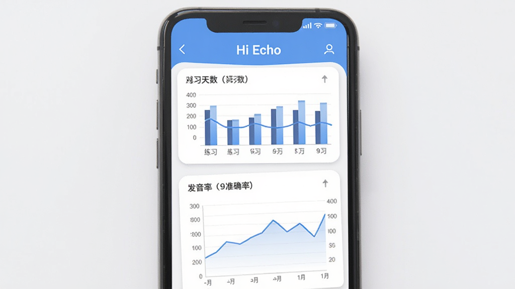 一张展示Hi Echo学习数据统计页面的手机截图,主体是手机屏幕,屏幕上显示柱状图和折线图,标注了练习天数、对话次数、发音准确率等数据,界面设计现代,以蓝色和白色为主色调,风格简洁清晰,画质干净,图片中带有“Hi Echo”文字