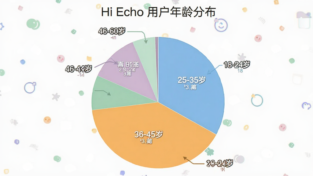 一张展示Hi Echo用户年龄分布的饼状图,主体是饼状图,图表分块标注了18-24岁、25-35岁、36-45岁、46-60岁等年龄段占比,配色清新,风格简洁现代,画质干净,图表中带有“Hi Echo 用户年龄分布”文字
