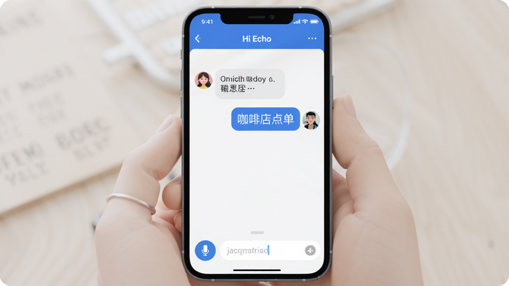 一张展示Hi Echo在手机端进行对话练习的界面截图,主体是手机屏幕,屏幕上显示用户和AI外教正在就“咖啡店点单”场景进行对话,底部有麦克风按钮和文字输入框,界面设计简洁友好,以蓝色和白色为主,风格现代,画质干净,图片中带有“Hi Echo”文字