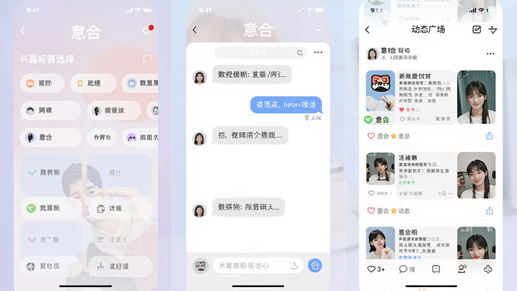 ���App����չʾͼ�������Ϊ���飬�������Ȥ��ǩѡ����棬�м��Ǽ�������Ի����Ҳ��Ƕ�̬�㳡����Ϣ�������н�������С���ϡ���������ƽ����Ʒ��ɫ����ͣ���������
