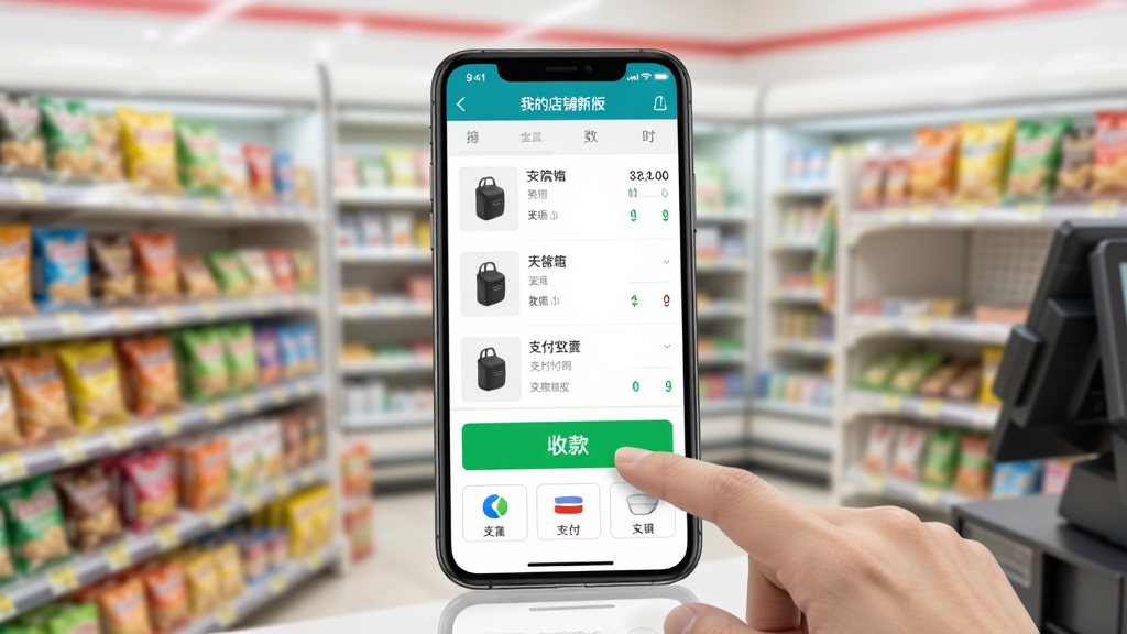一张展示手机收银操作界面的图片,画面中手机屏幕显示“我的店铺新版”收银台界面,中间是商品列表和数量,底部是醒目的绿色“收款”按钮和支付方式图标,一只手正在点击屏幕,背景是虚化的便利店货架,风格写实明亮,细节清晰,画质干净,无多余元素