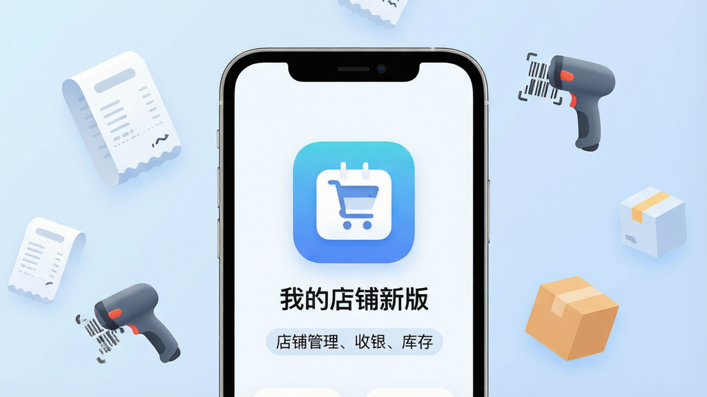 一张手机应用商店风格的应用主界面展示图,画面中央是一部现代智能手机,屏幕上显示“我的店铺新版”的APP图标和名称,图标下方有“店铺管理、收银、库存”等小字标签,背景是柔和的浅蓝色渐变,周围漂浮着几个简约的收银小票、扫码枪和商品盒子的扁平化图标,整体排版干净整洁,风格现代简约,细节圆润,画质高清,无多余元素