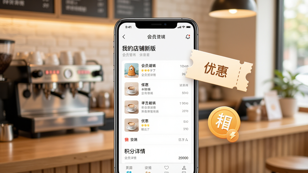 一张展示手机会员管理界面的图片,手机屏幕上显示“我的店铺新版”会员列表和积分详情,旁边有虚拟的优惠券和积分图标漂浮,背景是温馨的咖啡店柜台场景,风格清新明快,排版清晰,细节丰富,画质高清,无多余元素