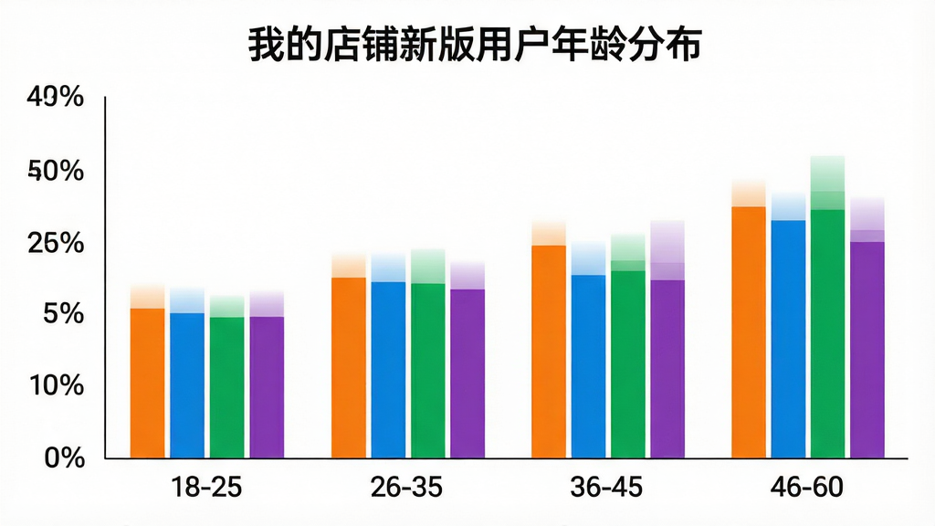 一张柱状图展示不同年龄段用户占比的图片,横轴为年龄段18-25、26-35、36-45、46-60,纵轴为用户百分比,柱子颜色分别为橙色、蓝色、绿色、紫色,图表标题为“我的店铺新版用户年龄分布”,背景白色,风格简洁商务,排版清晰,细节干净,画质高清,无多余元素