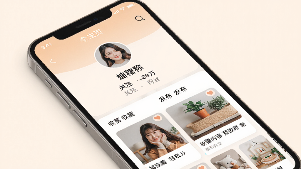 һ��չʾ��������App������ҳ������ֻ�����ͼ���������ֻ���Ļ��ʾ�û�ͷ���ǳơ���ע�ͷ�˿�������·����ղغͷ����������б�����������ܰ����ɫ��ͣ����ʸɾ����޶���װ��Ԫ�ء�