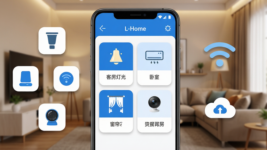 L-Home���ܼҾӿ���App����չʾ������Ϊһ����׿�ֻ����ֻ���Ļ��ʾL-Home��������壬������п����ƹ⡢���ҿյ��������Ͱ�������ͷ�ĸ��豸��Ƭ����Ƭ��������ɫΪ������������ܰ���ִ���������������Ϊ�ֻ����С����Ʈ�����������豸ͼ�ꡢ�Ҳ�Ʈ��WiFi�źź���ͬ��ͼ�꣬�Ű������ˣ�����ִ���ƽ����ϸ�����豸��Ƭ����Բ�ǡ���Ӱ��͡�ͼ���������������ʸɾ��޶���Ԫ�ء����塢�����ұ���