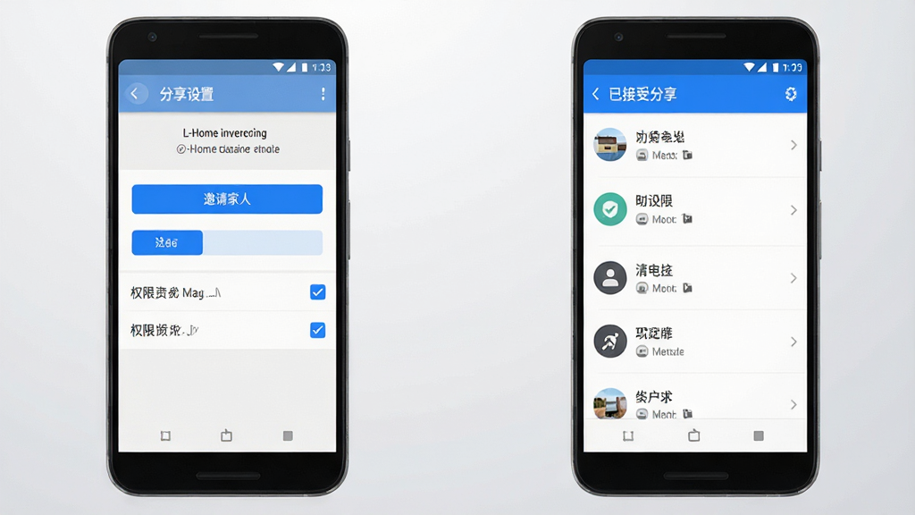 L-Home�豸��������չʾ������Ϊ������׿�ֻ����ţ�����ֻ���ʾ�������ý����С�������ˡ���ť��Ȩ�޹�ѡ��ұ��ֻ���ʾ�ѽ��ܷ������豸�б�������Ϊ�����ֻ�����ƽ�аڷţ�������ǳ��ɫ���䣬�Ű��������Ҷ�Ӧ��������ִ���ϸ���ϰ�ť����ɫ�������б�����ͼ�����֣����ʸɾ����޶���Ԫ�ء�����