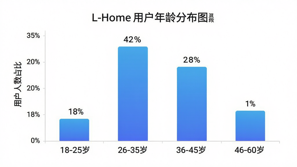 L-Home�û�����ֲ���״ͼ������Ϊ��״ͼͼ��������Ϊ����Ρ�18-25�ꡱ��26-35�ꡱ��36-45�ꡱ��46-60�ꡱ������Ϊ�û�����ռ�ȣ��ĸ����ӷֱ���ʾԼ18%��42%��28%��12%������Ϊͼ�����С��������Ϸ����Ű��࣬����ִ����ݿ��ӻ���ϸ����������ɫΪ��ɫ���䡢��ֵ��ǩ���������ʸɾ����޶���Ԫ�ء�����