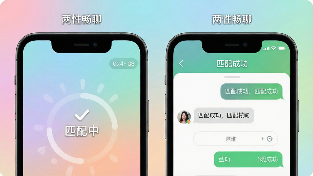 һ�����Գ���App��ƥ������ͼ�������������ֻ�����չʾ������ֻ���ʾ��ƥ���С��Ķ���Ч�����ұ��ֻ���ʾ��ƥ��ɹ���������Ի��򣬶����С����Գ��ġ����֣���������͵Ľ���ɫ�ʣ�����������죬ϸ�����������ʸɾ��޶���Ԫ��